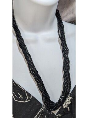 Gothic Glam Black Glass Beaded Twisted Multi Strand Necklace 23 Inch